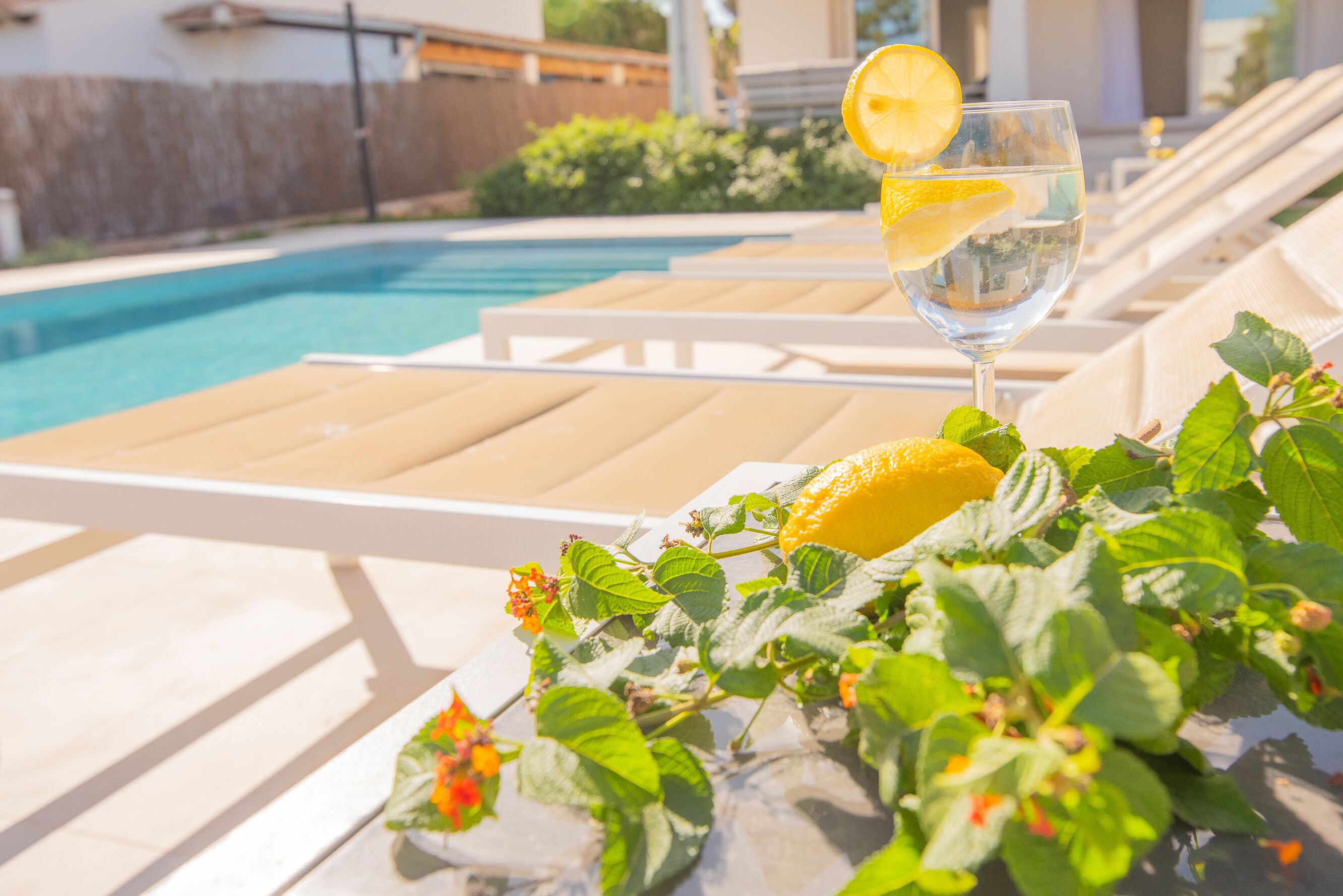 Zona de piscina con sillas de descanso, un vaso de agua con rodaja de limón y vegetación.