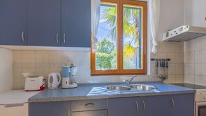 A kitchen with blue cabinets, a double sink, a coffee maker, and a toaster. - House Haus Vlady (Crikvenica)