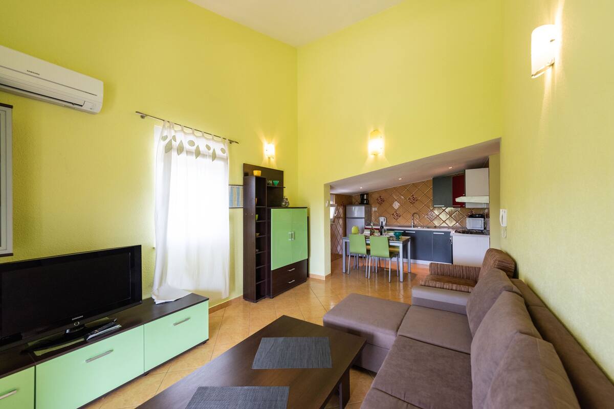 A living room with a sofa, a TV, and a dining area with chairs and a table.