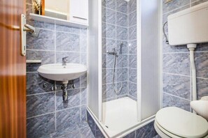 Un bagno con lavandino, doccia e WC.