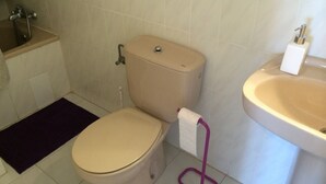 Ein Badezimmer mit Toilette, Waschbecken und einer violetten Badmatte.