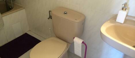 Un baño con inodoro, lavabo y una alfombra de baño morada.