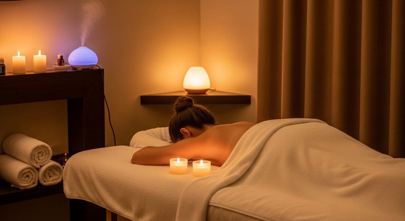 A spa room with a massage table, candles, and a diffuser.