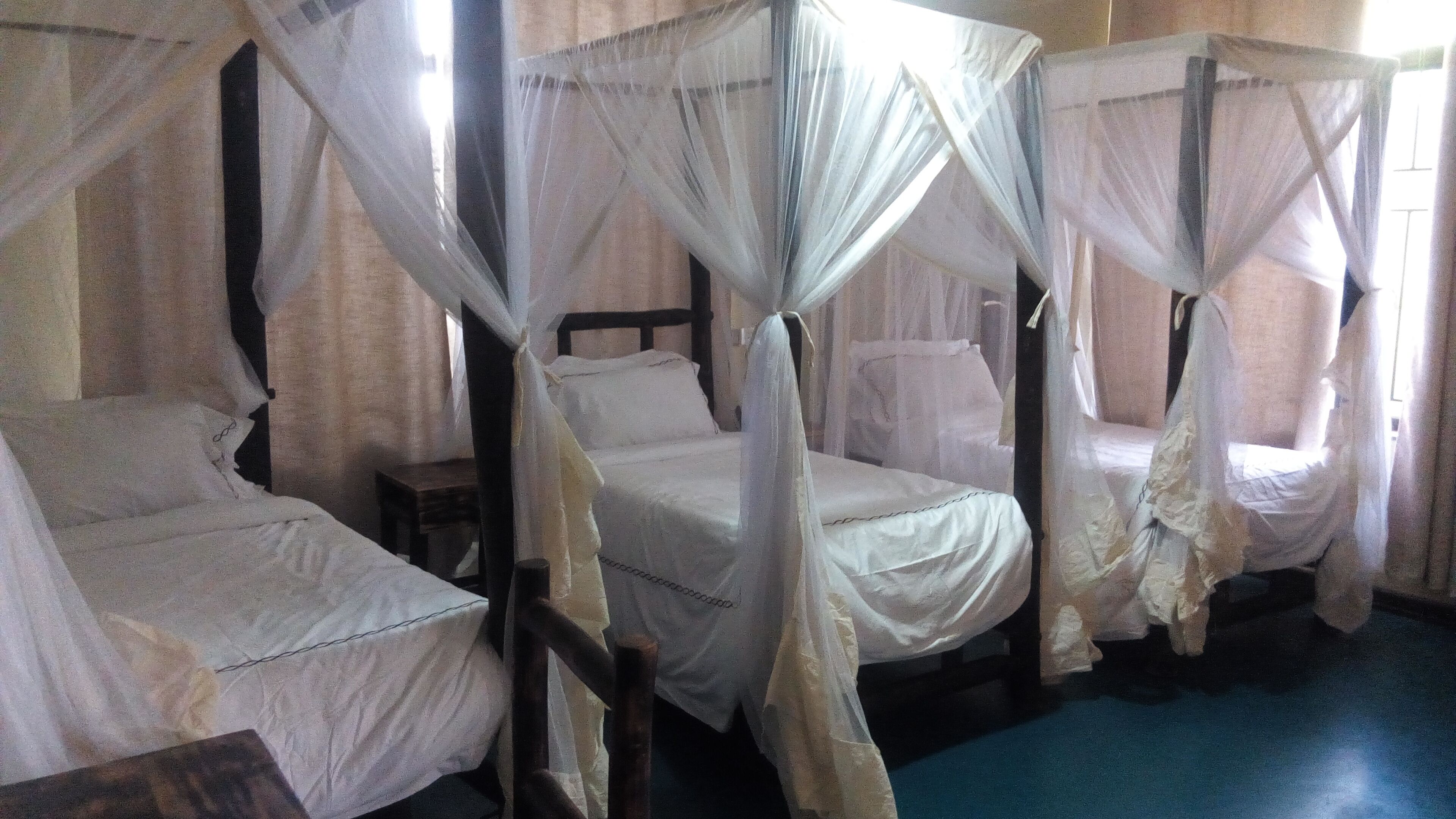 Una habitación con cuatro camas individuales, cada una con dosel. Las camas tienen ropa de cama blanca y un cabecero de madera en cada una. El suelo es de moqueta azul y las cortinas son blancas.