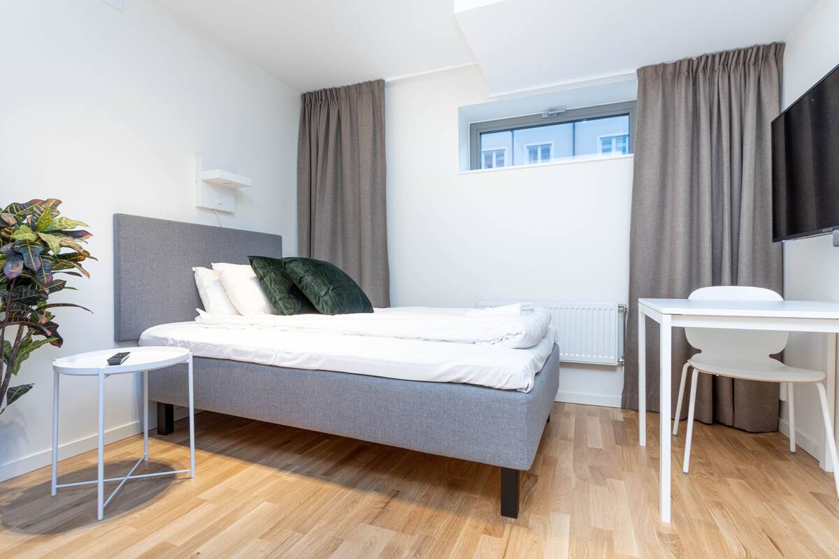 Habitación de hotel moderna con una cama gris, mesita de noche blanca y un pequeño escritorio con una silla. A la izquierda hay una planta en maceta y a la derecha, una ventana con cortinas.