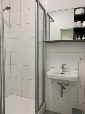 Une salle de bain avec une douche, un lavabo et un miroir.