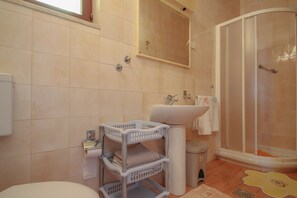 Appartamento, terrazzo | Bagno | Doccia, asciugamani, carta igienica