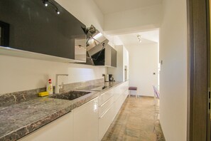 Apartment, Terrace | Private kitchen | Full-size fridge, microwave, oven, stovetop