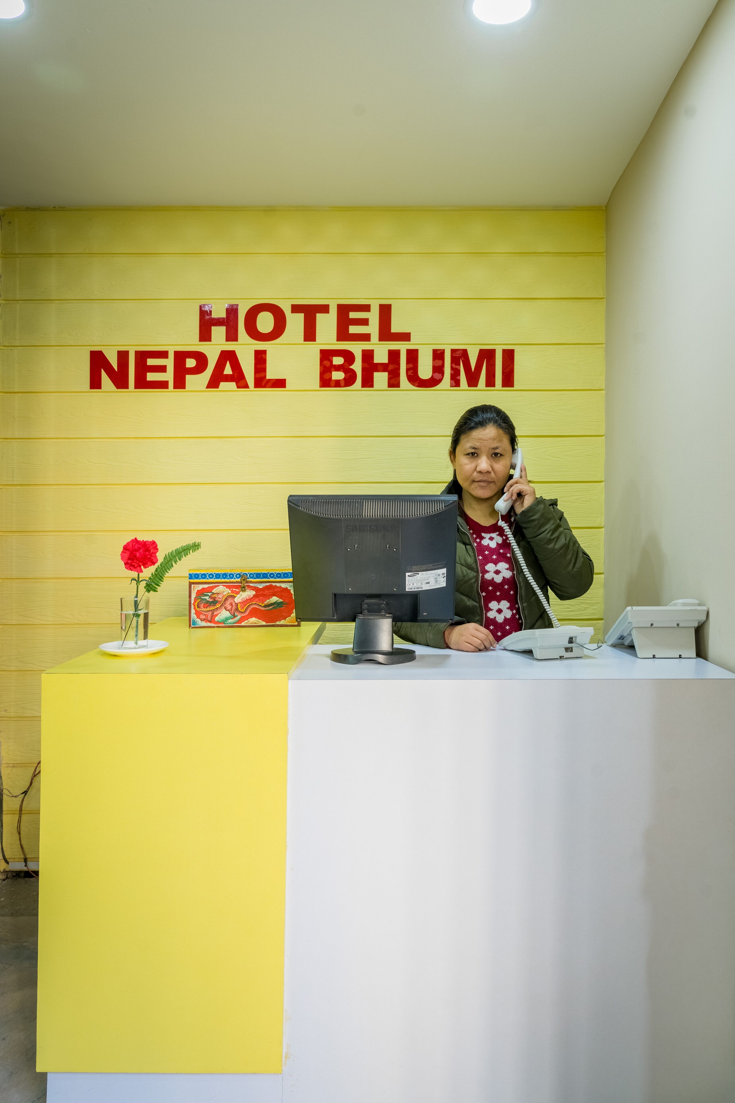 Una reception hotel con un monitor per computer, un telefono e un vaso decorativo con un fiore rosso. Sullo sfondo, il nome dell'hotel in grandi lettere.
