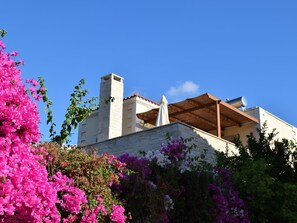 A building with a white facade, a wooden pergola, and pink bougainvillea flowers in the foreground. - Romantic ALOE villa in PRINES with private pool, sea-sunset view, near beach. (Rethymnon, Crete)