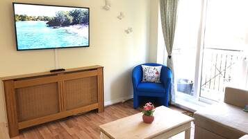 Een woonkamer met een televisie op een houten kast, een blauwe fauteuil met een bloemenkussen, een kleine tafel met een bloemenvaas en een schuifdeur naar rechts.