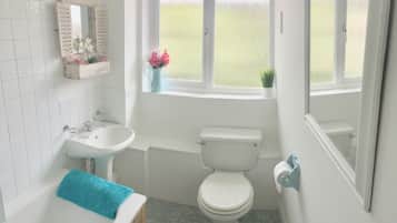 Deluxe-Apartment | Badezimmer | Duschwanne, Regendusche, kostenlose Toilettenartikel, Haartrockner