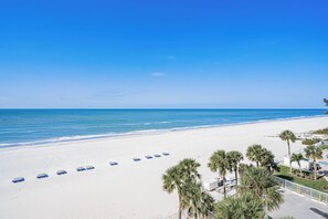 A beach with white sand, clear blue water, and palm trees. There are beach chairs and umbrellas lined up along the shore. - Sand Castle II 2604 - GULF FRONT Condo! (Indian Shores)