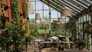 An indoor patio area with tables and chairs, large windows, and hanging wicker lamps. - Siggesta Gård (Värmdö)