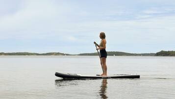 A person standing on a paddleboard in a calm body of water with a distant shoreline and a cloudy sky.