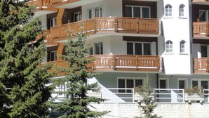 Ein mehrstöckiges Hotel mit hölzernen Balkonen und einer Steinfassade, umgeben von Bäumen und einer Bergkulisse.