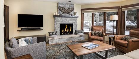 Smart TV, fireplace, books