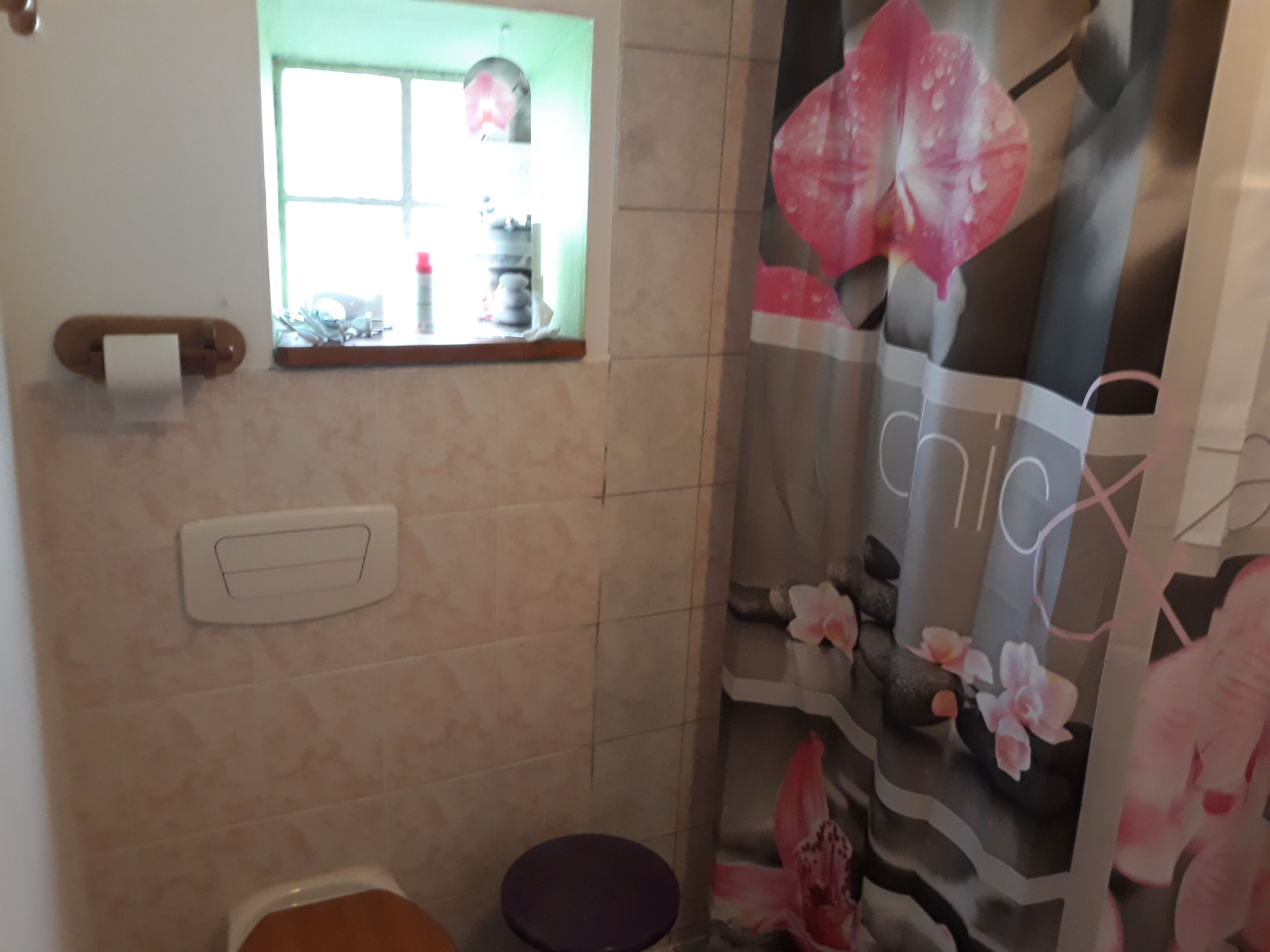 Une salle de bain avec des toilettes, un lavabo et une fenêtre.