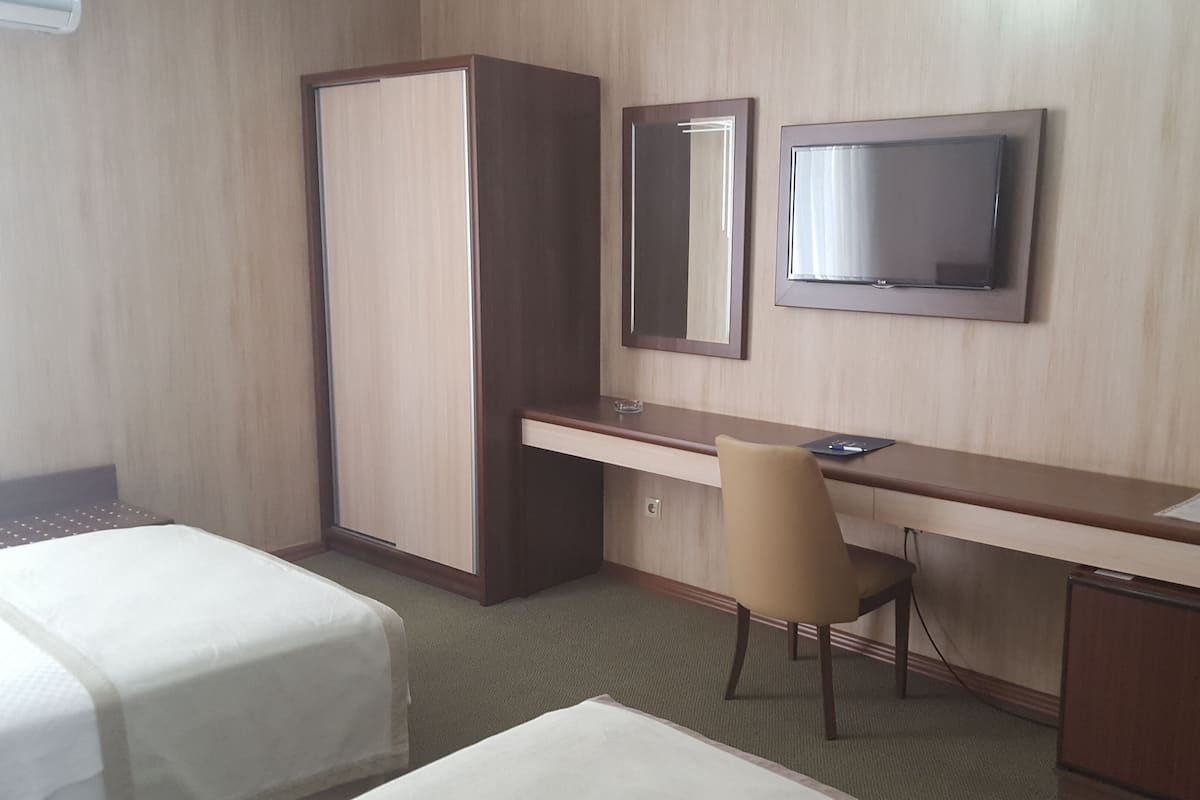 A hotel room with a bed, a desk, a chair, a television, and a wardrobe.
