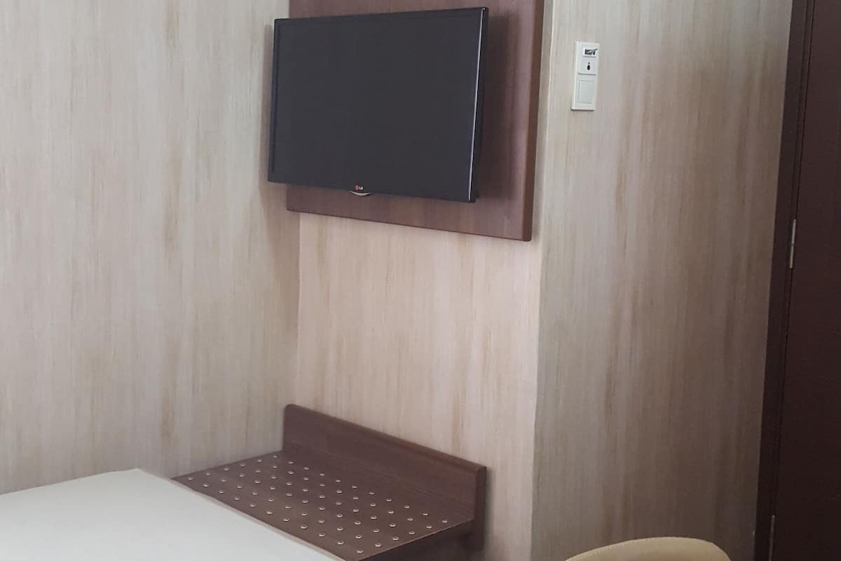 A hotel room with a bed, a desk, a chair, a television mounted on the wall, and an air conditioning unit.