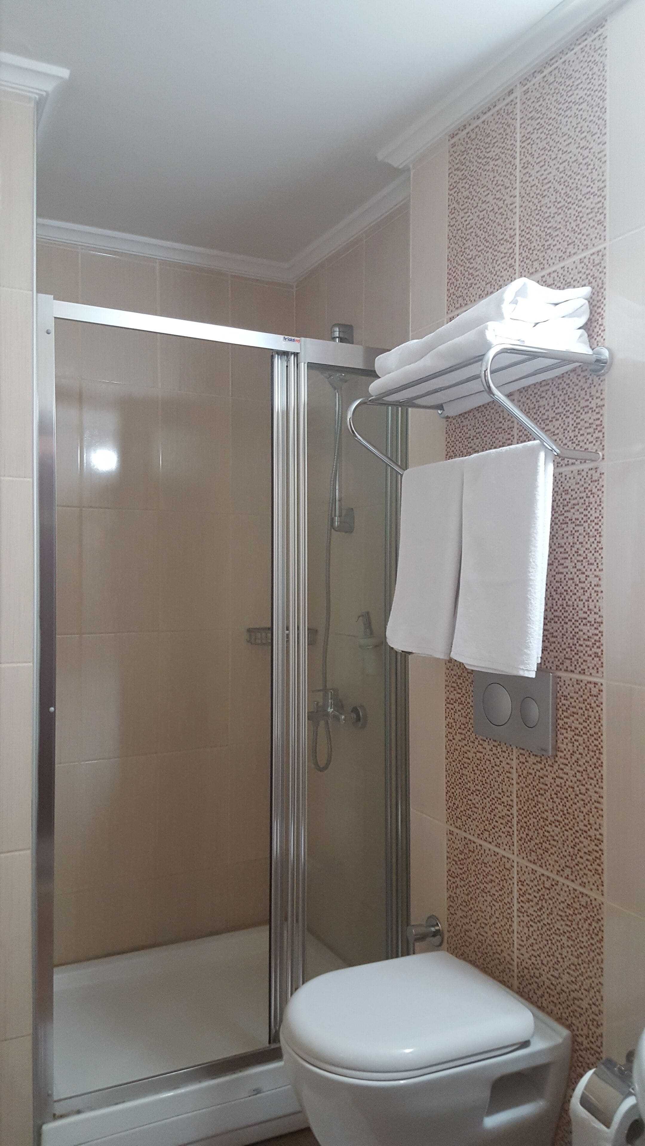double or twin room | bathroom | shower, hair dryer, slippers, towels