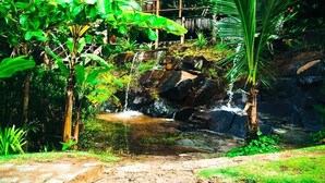 A natural outdoor setting with a small waterfall, lush greenery, and a wooden structure. - Pousada Terral Surf (Itacaré)
