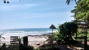 A beach with a wooden bench and a sign labeled "Sage Point".