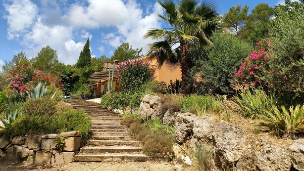 Un jardín con una escalera de piedra que lleva a un edificio con tejado de baldosas.