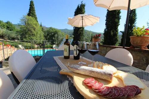 Ancient stone hamlet in an extremely panoramic position overlooking the wooded Val di Chio. Private