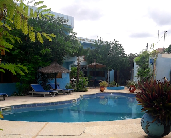 Seasonal outdoor pool, pool umbrellas, sun loungers