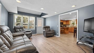Smart TV, fireplace, video games, DVD player