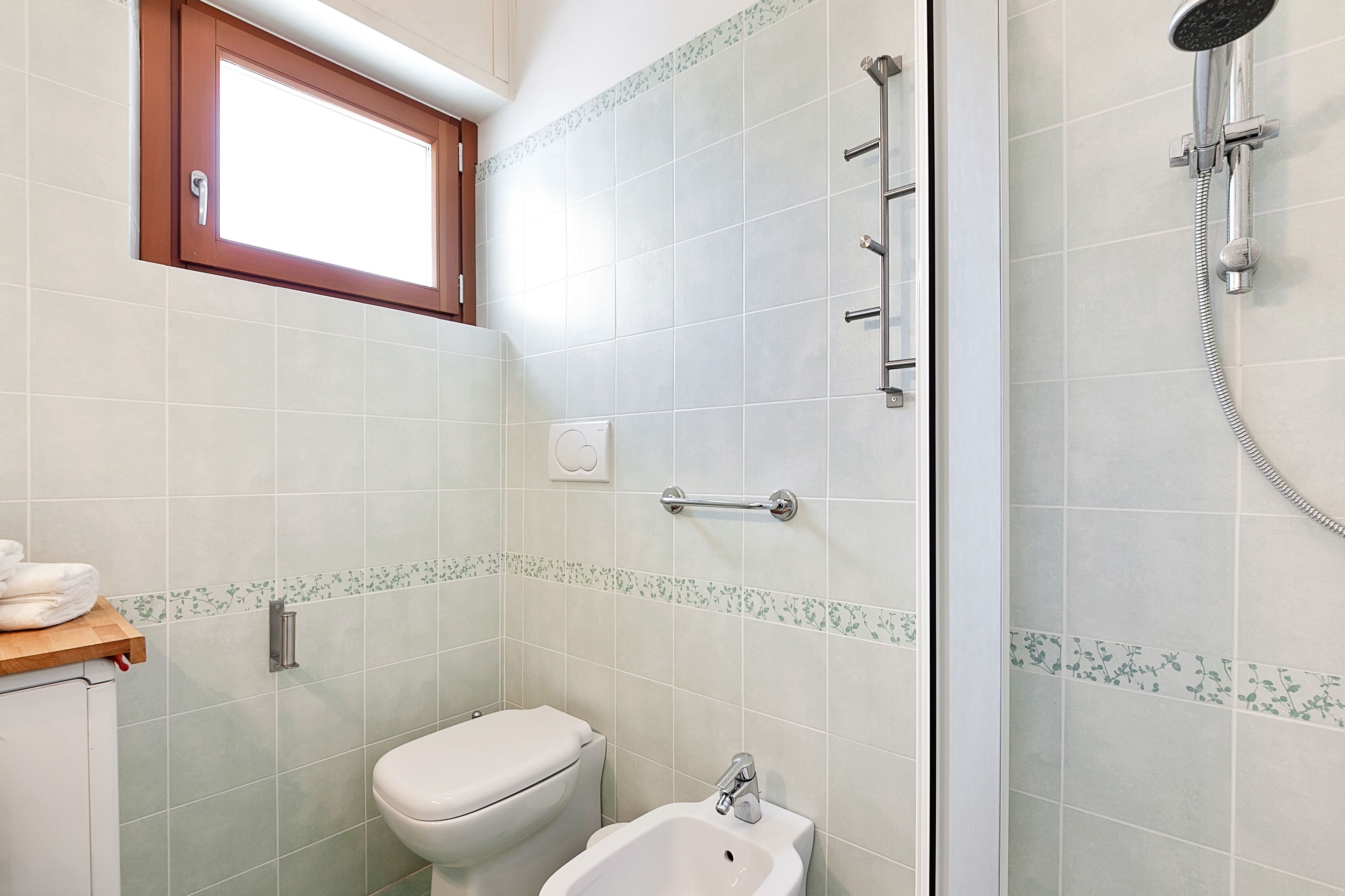 A bathroom with a toilet, bidet, and shower.