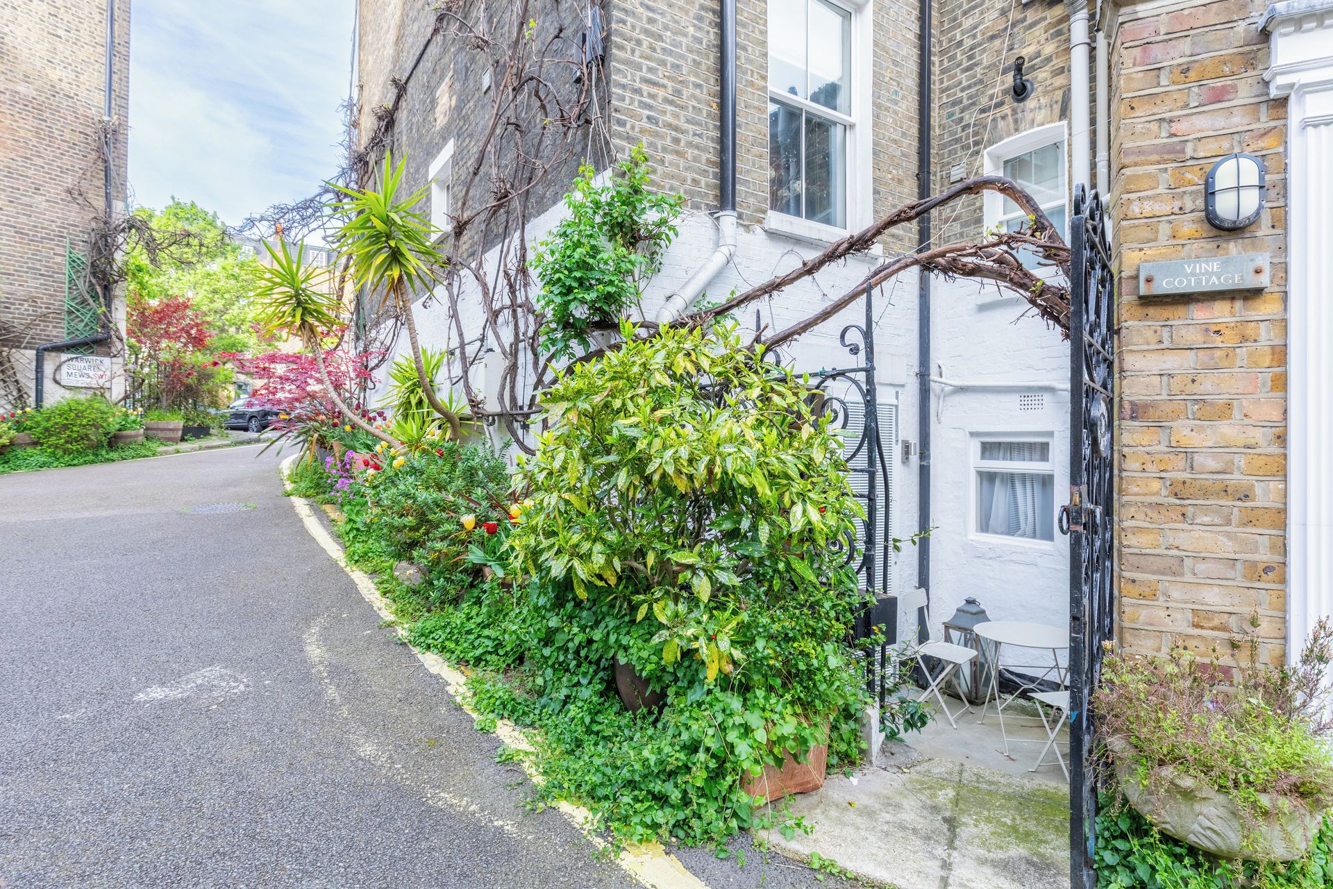 A residential street with a white house, a black gate, and a garden with various plants.
