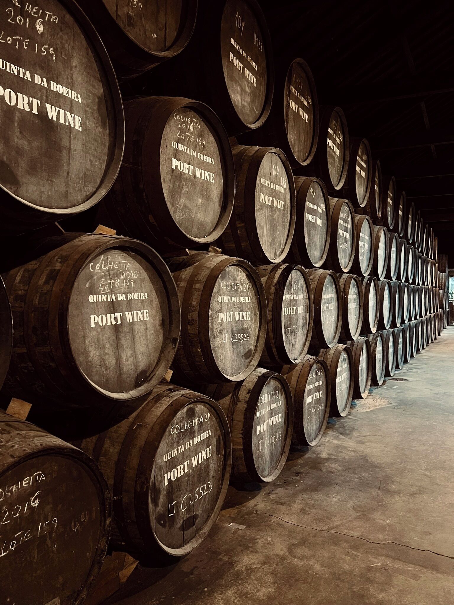Une rangée de barils en bois, étiquetés « vin de Porto » et indiquant l’année de récolte.
