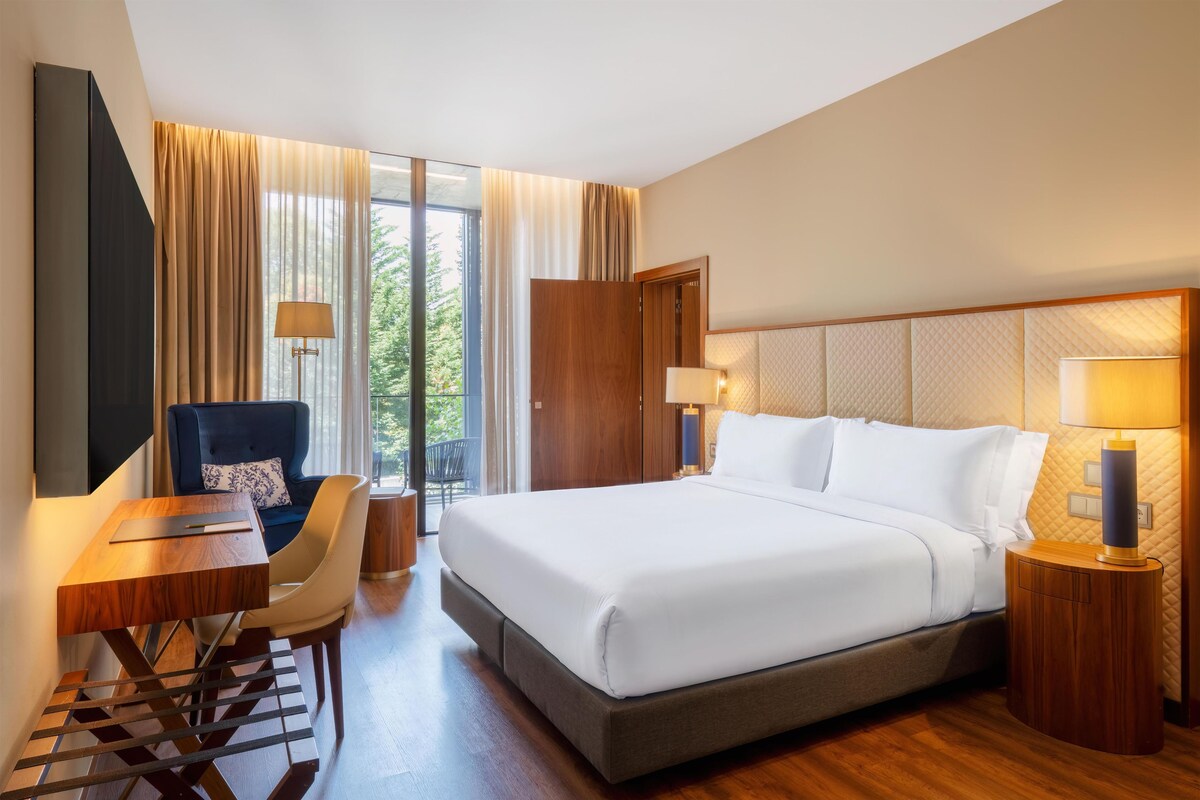 Une chambre d’hôtel avec un lit, un bureau, une chaise et une vue sur l’extérieur.