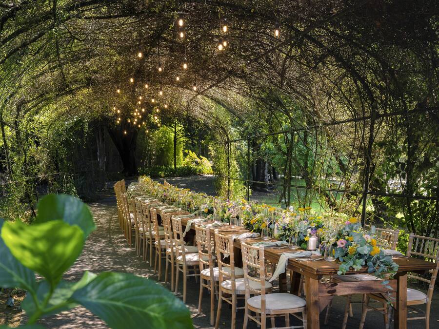 Un espace extérieur aménagé pour les repas, avec des tables et des chaises en bois, entouré de verdure.