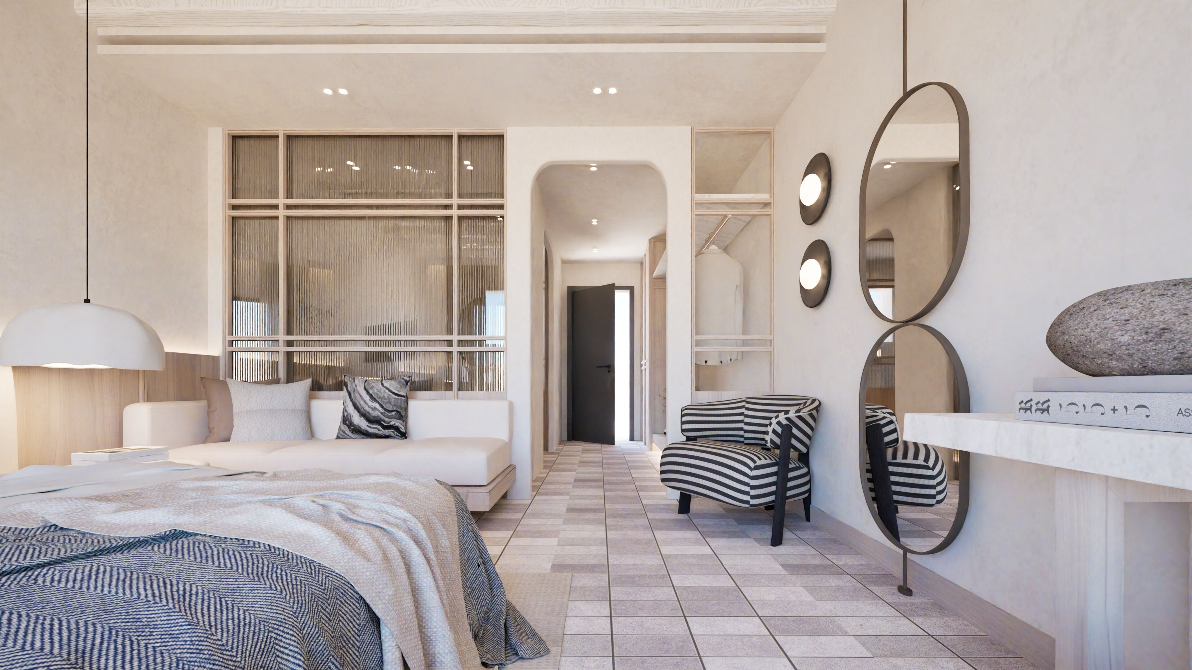 A modern bedroom with a bed, bedside table, lamp, and a large window.