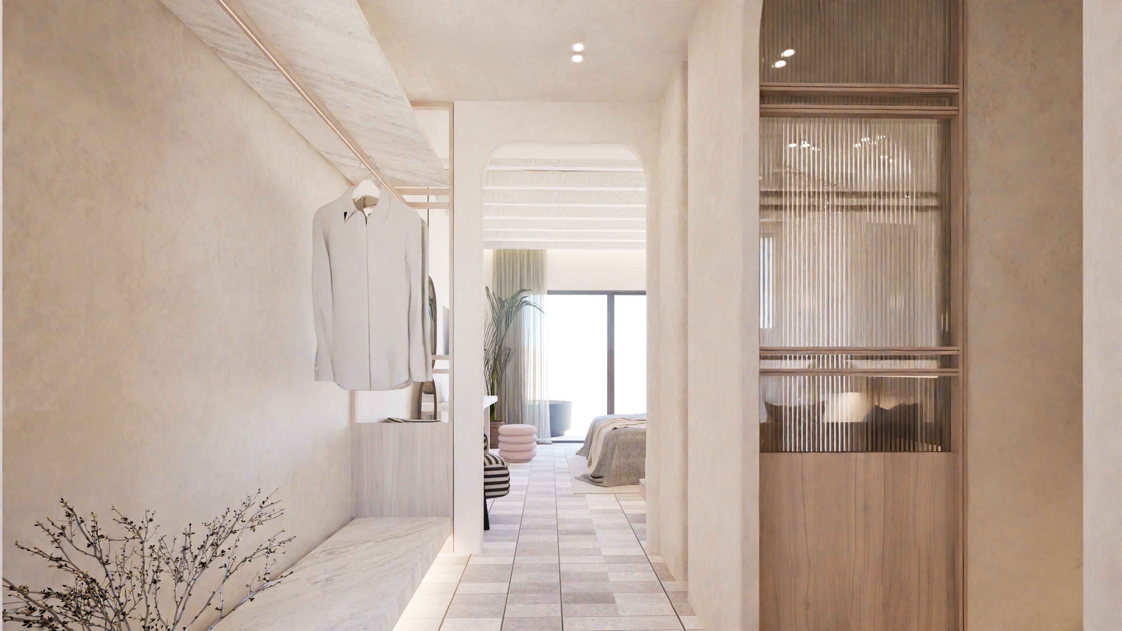 A hallway with a marble floor, a hanging garment, a potted plant, and a bed with a striped bedspread in the background.