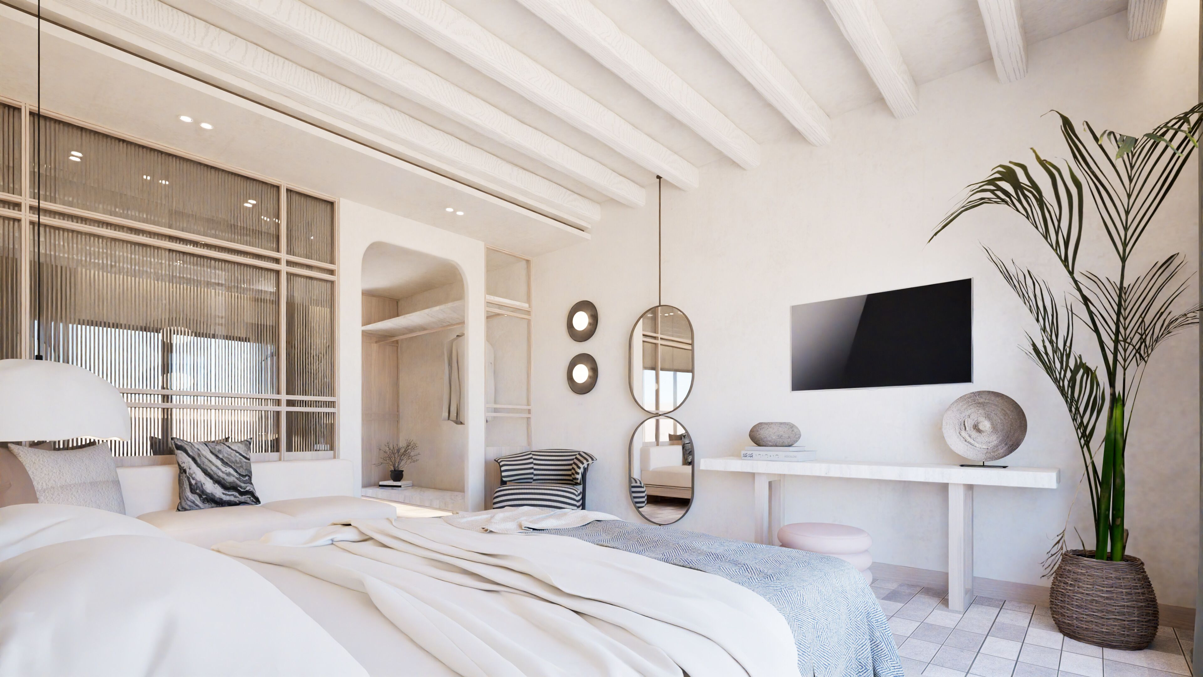 Une chambre moderne avec un grand lit, un bureau, une télévision et une plante en pot.
