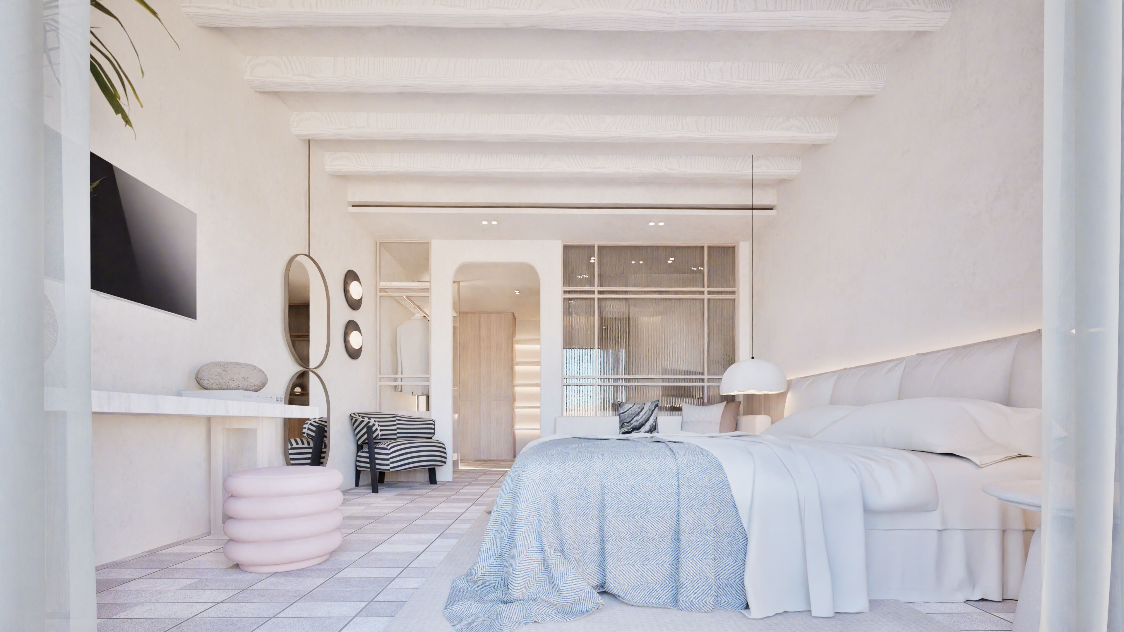 Un dormitorio moderno con una cama, una tocador, un espejo, una silla y un televisor.