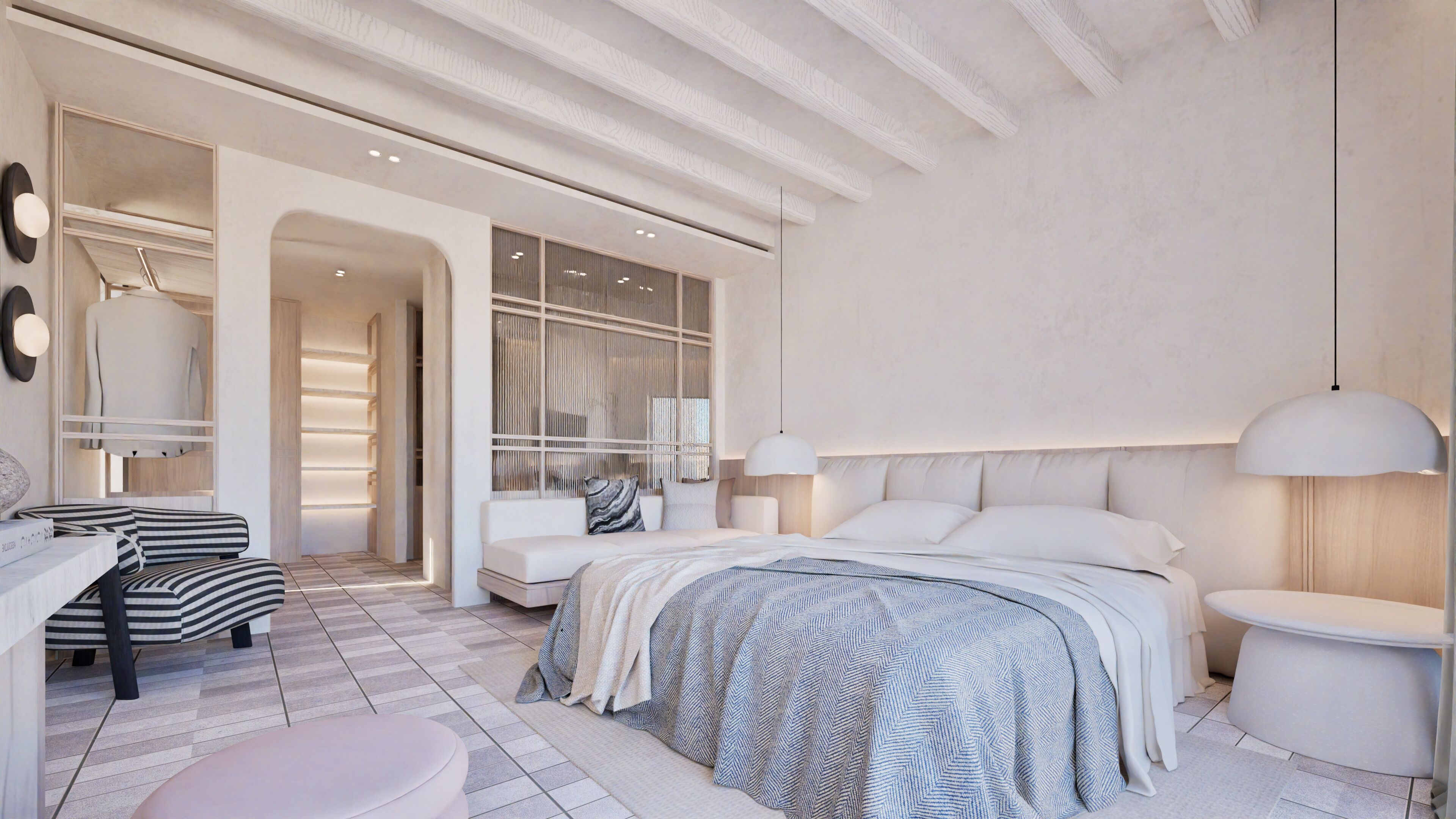 Un dormitorio moderno con cama, mesitas de noche, un escritorio y una silla.