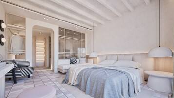 Un dormitorio moderno con cama, mesitas de noche, un escritorio y una silla.