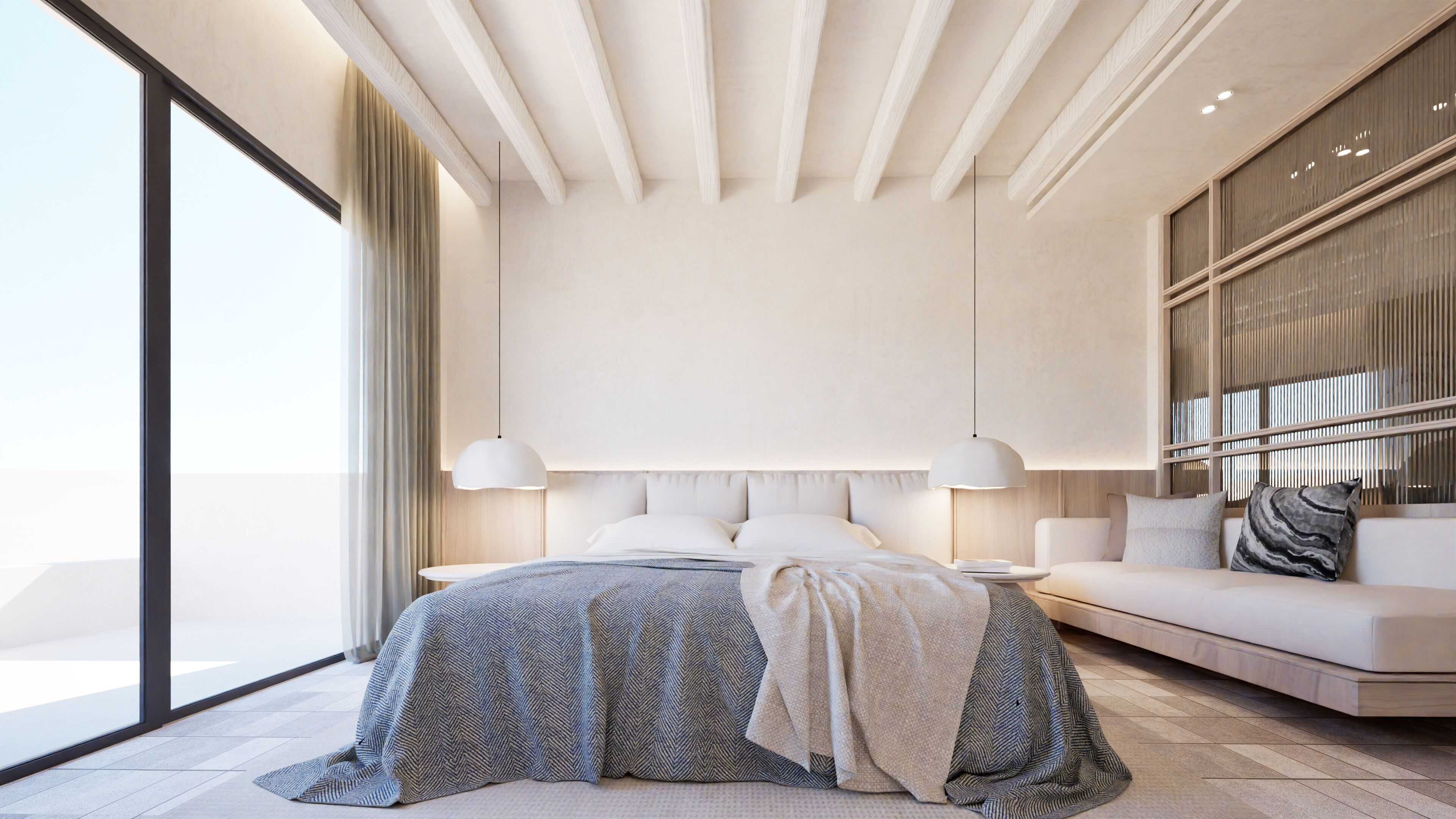 A modern bedroom with a large bed, a sofa, and a large window.
