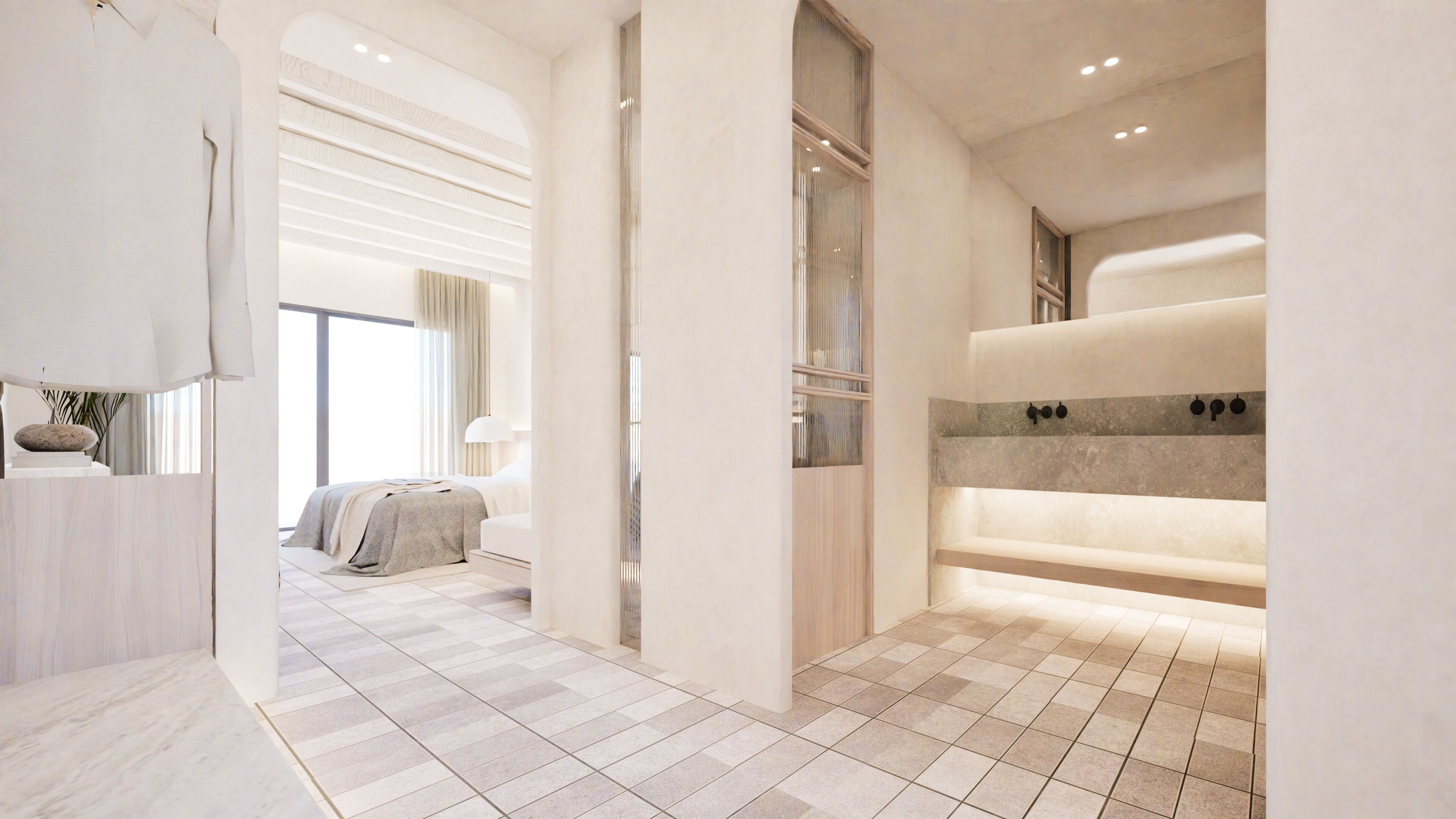 A modern hotel room with a large bed, a walk-in closet, and a bathroom with a bathtub.