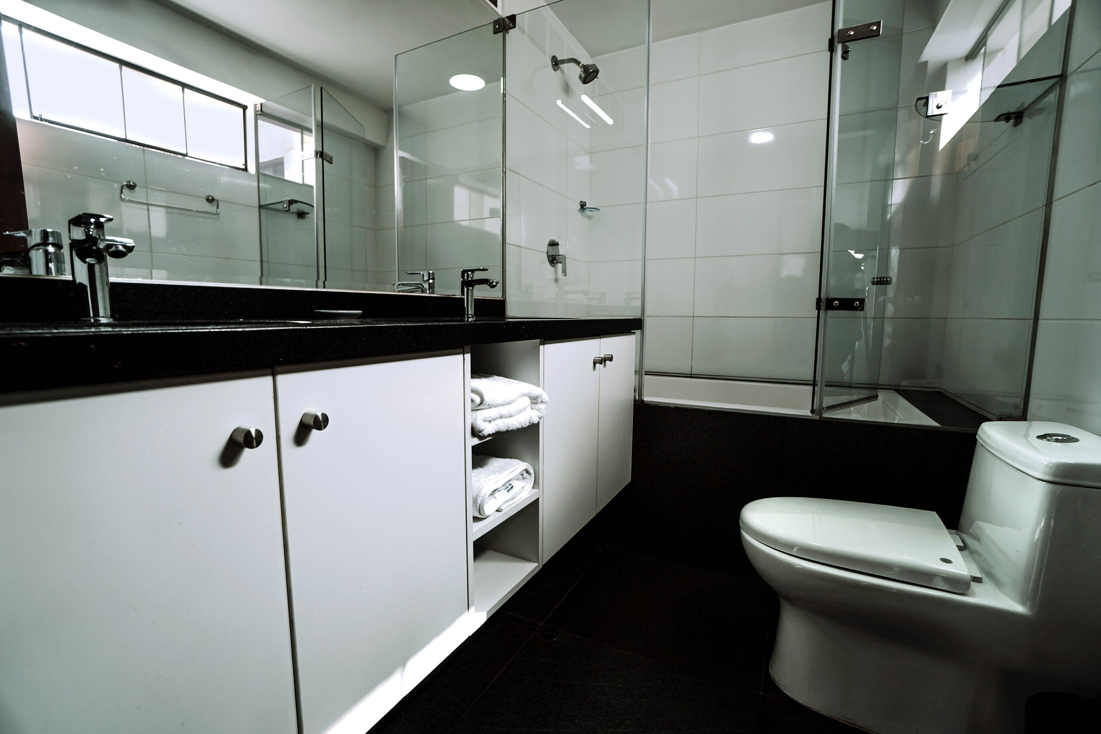 A modern bathroom with a white toilet, a glass shower enclosure, and a large mirror above the sink.
