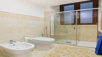 Shower, hair dryer, bathrobes, bidet