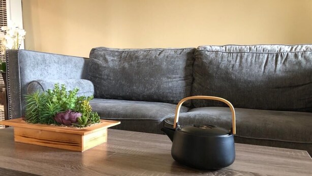 A wooden table with a black teapot and a wooden planter with green plants. - Modern and Perfect Self Contained 4B/2BA Home +  Parking + BART (El Cerrito)