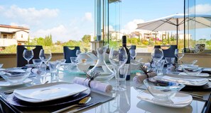 Outdoor dining - Stunning 3 bedroom villa 'JZ02' with private pool, beautiful interiors, communal pool and resort facilities, Zephyros Village, Aphrodite Hills (Kouklia)