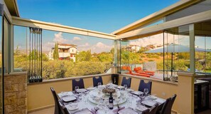 Outdoor dining - Stunning 3 bedroom villa 'JZ02' with private pool, beautiful interiors, communal pool and resort facilities, Zephyros Village, Aphrodite Hills (Kouklia)