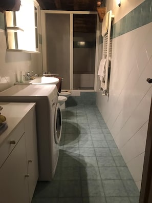 A compact bathroom with a washing machine, a toilet, and a shower. - Florence Oasis (Florence)